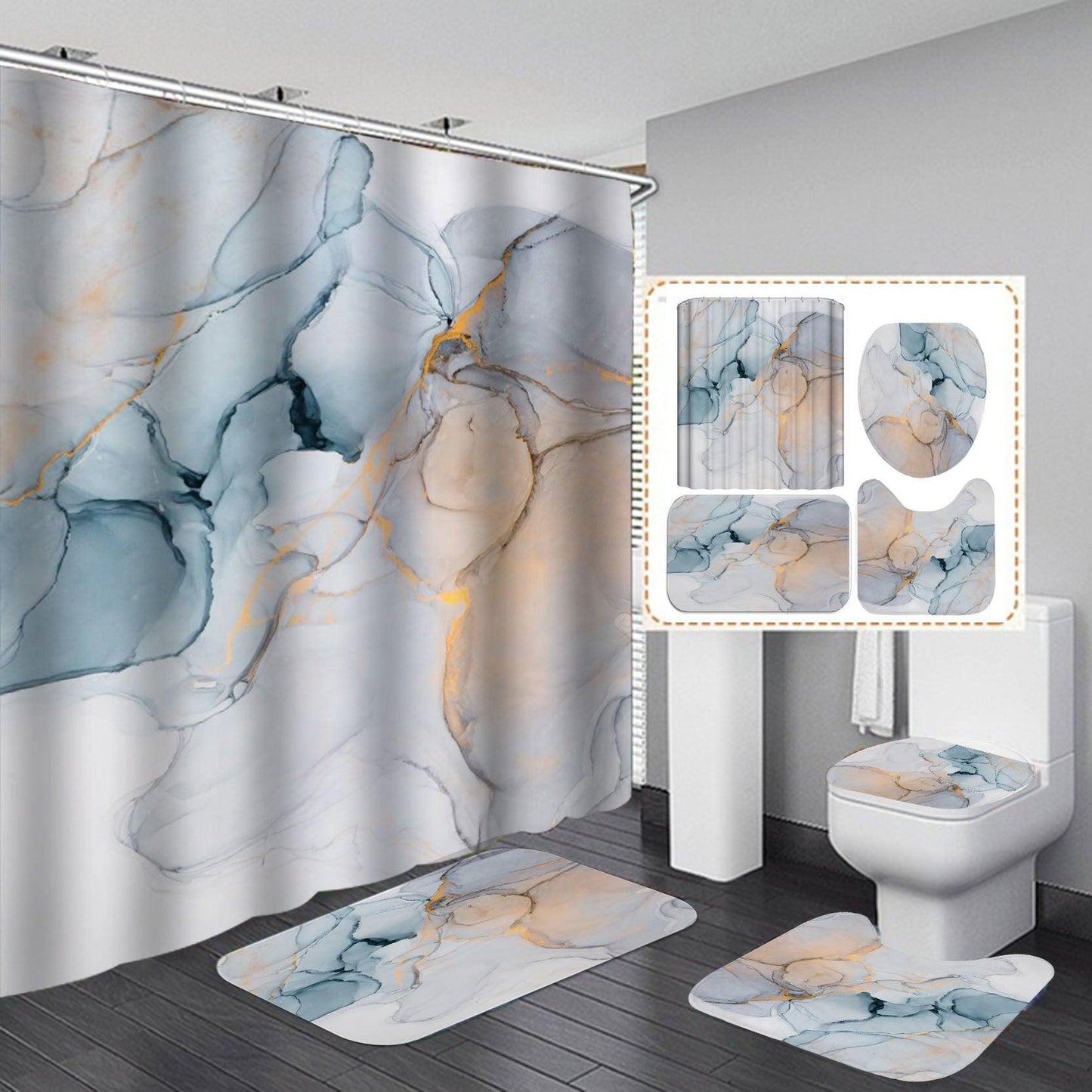 Beautiful Modern Shower Curtains 3D Bathroom Curtain Set Anti-slip Bath Mat Soft Carpet Water Absorption Rugs Home Decoration - Pacisia
