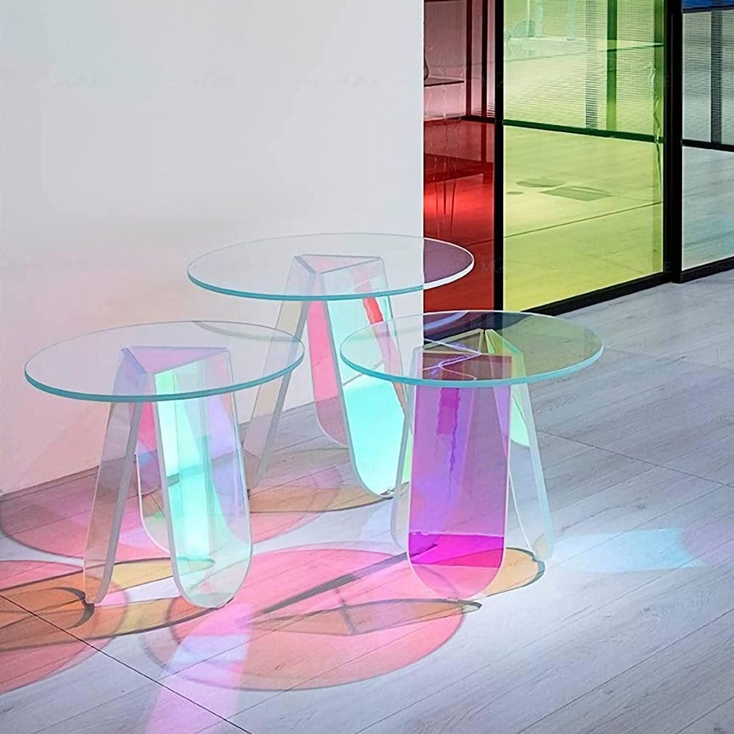 Acrylic Rainbow Color Coffee Table, Iridescent Glass End Table Round Side Table Modern Accent TV Table for Living Bed Room Decoration,small,Amazon Banned - Pacisia
