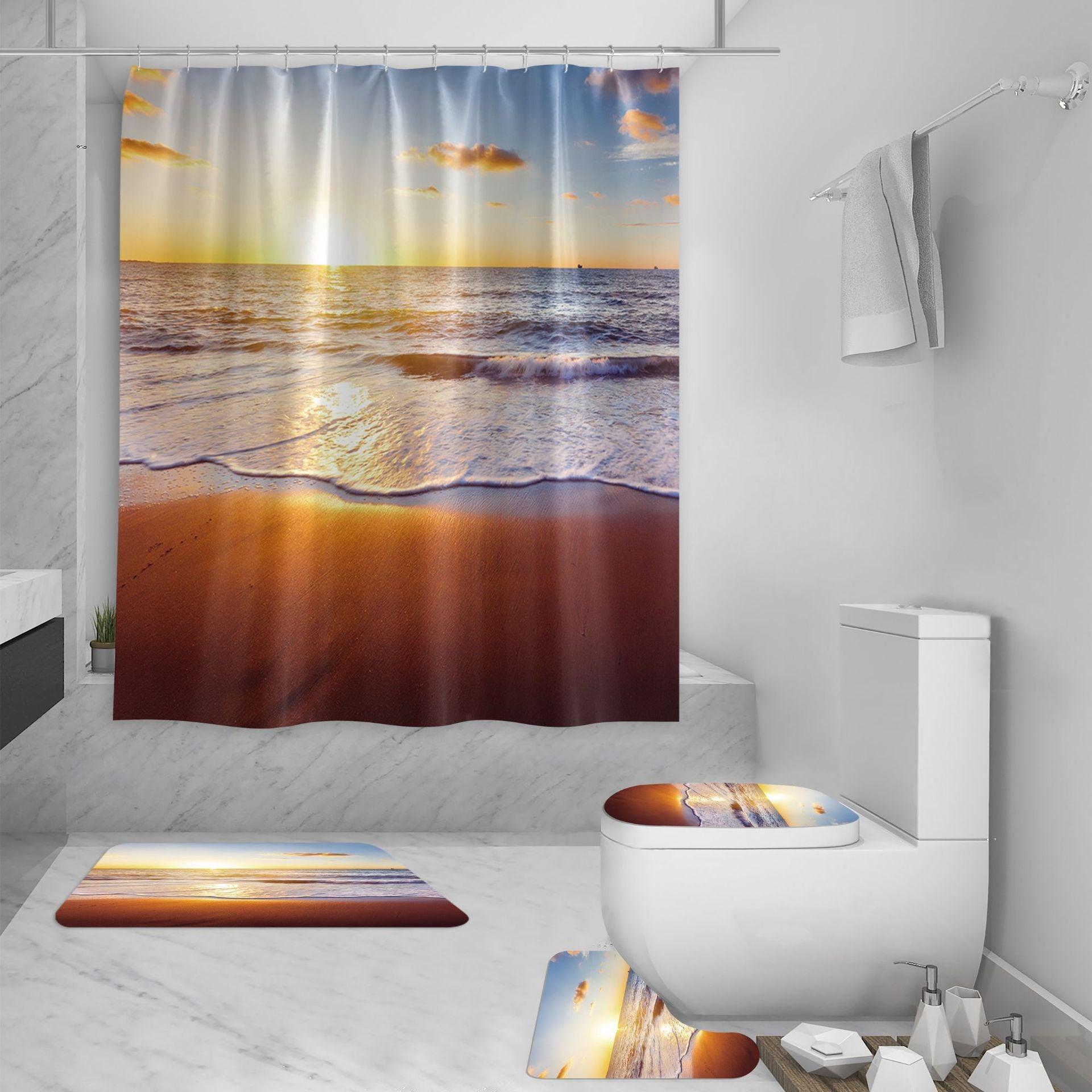 Shower Curtain Set 3D Sea View Beach Digital Printing Shower Curtain Waterproof Polyester - Pacisia