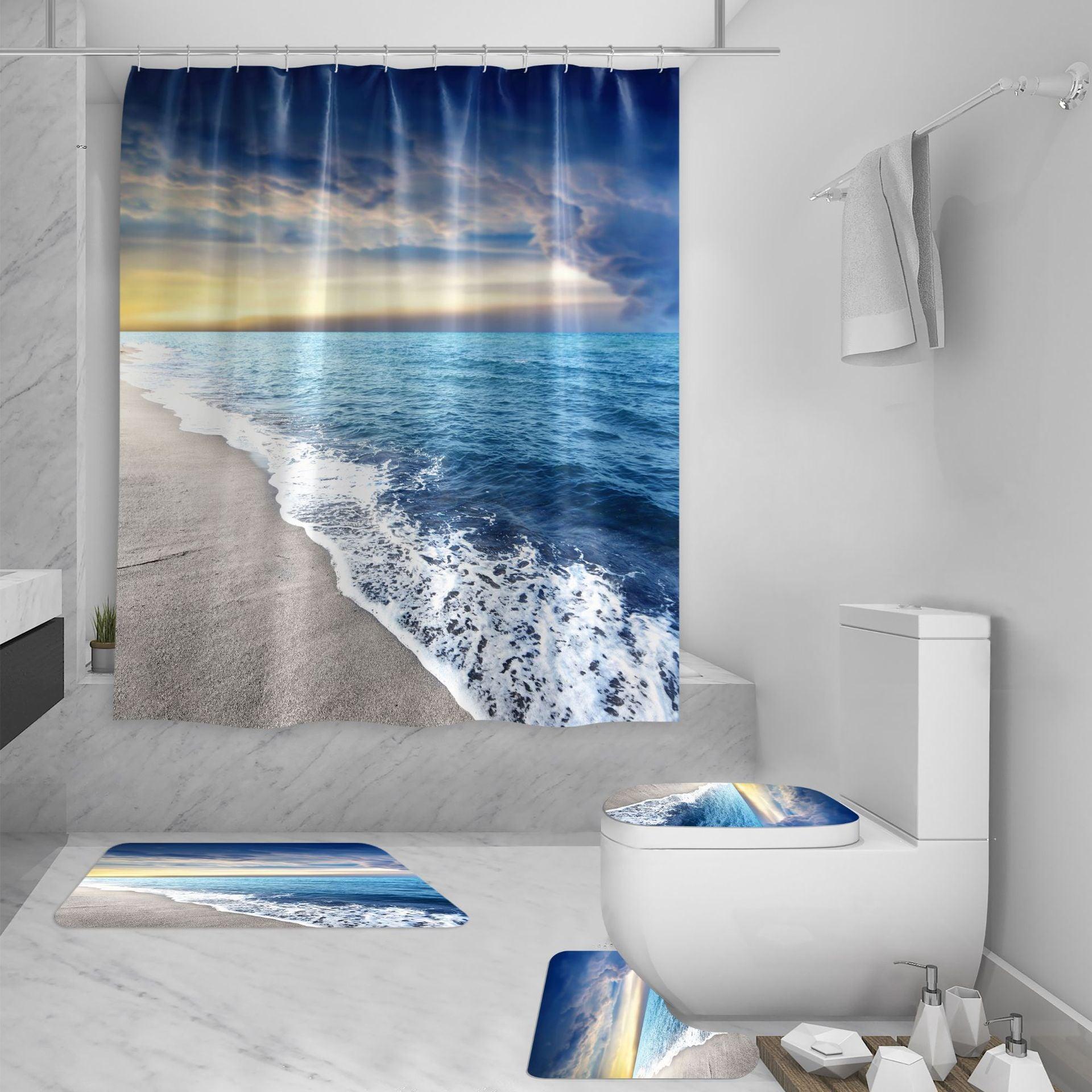 Shower Curtain Set 3D Sea View Beach Digital Printing Shower Curtain Waterproof Polyester - Pacisia