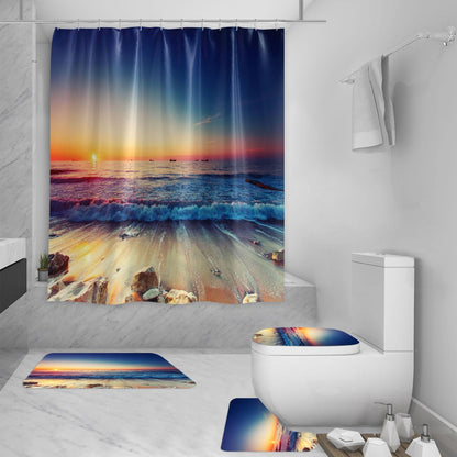 Shower Curtain Set 3D Sea View Beach Digital Printing Shower Curtain Waterproof Polyester - Pacisia