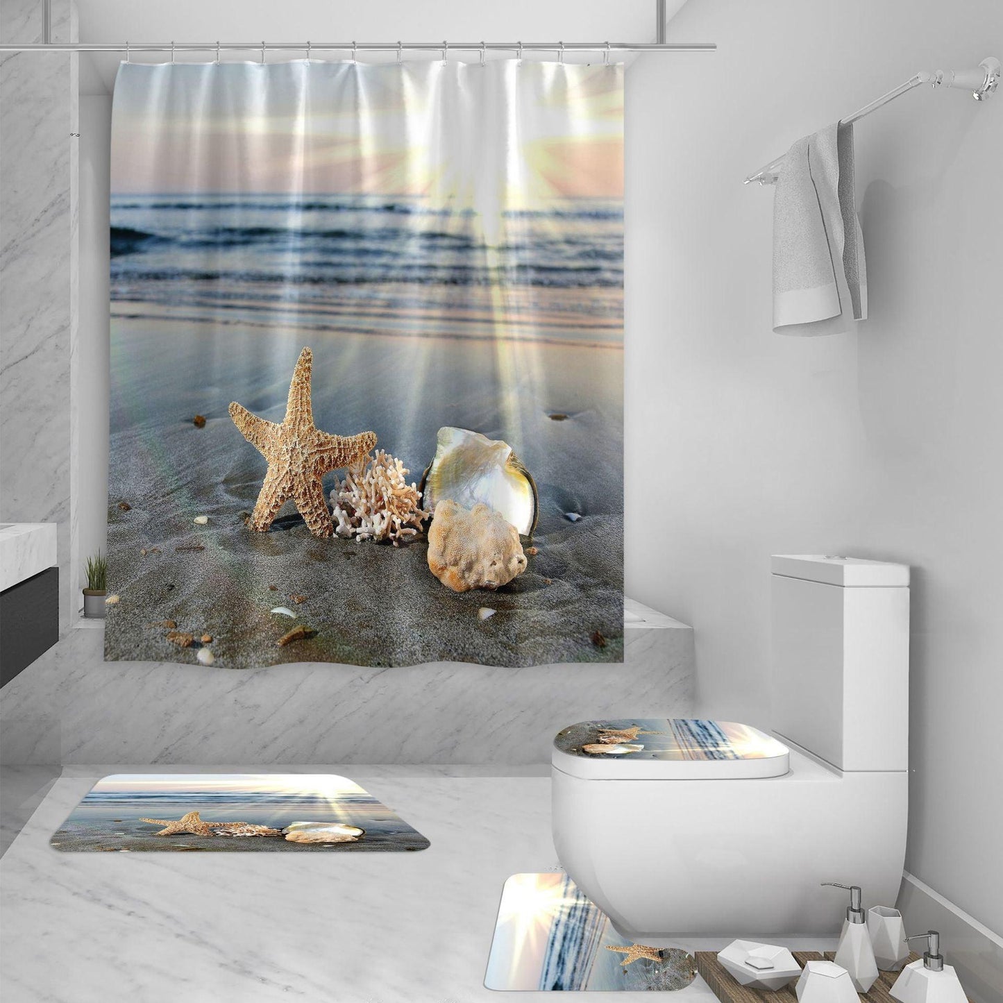 Shower Curtain Set 3D Sea View Beach Digital Printing Shower Curtain Waterproof Polyester - Pacisia