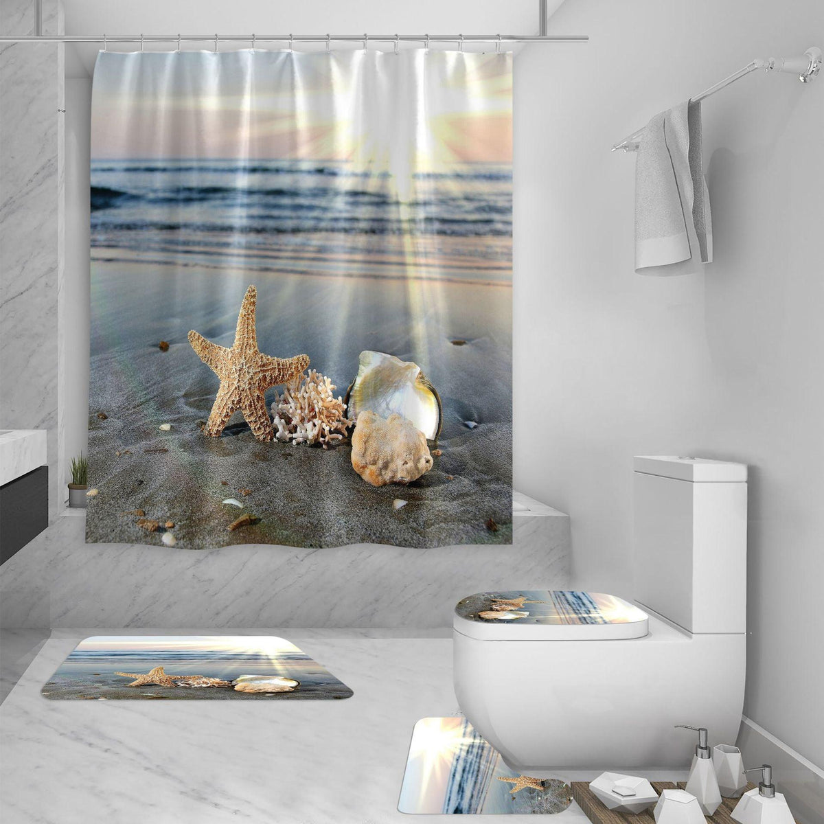 Shower Curtain Set 3D Sea View Beach Digital Printing Shower Curtain Waterproof Polyester - Pacisia