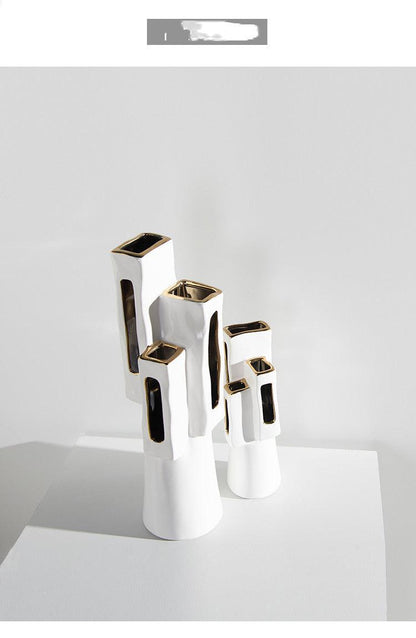 Special-Shaped Long Hole Gilded Vase Ceramic Simple Home Living Room Model Room Hotel Jewelry Decoration - Pacisia