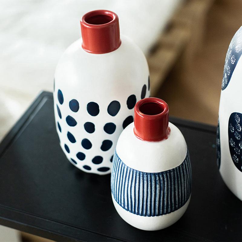 Japanese Style Creative Dried Flower Arrangement Blue Ceramic Small Mouth Vase Living Room Decoration Ornaments Leitler - Pacisia