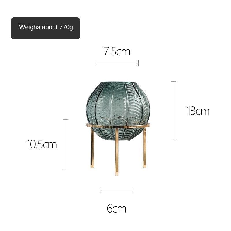 Nordic Leaf Pattern Ball Metal Frame Transparent Glass Vase High Grade European Flower Art Hydroponic Flower Arrangement Decoration - Pacisia