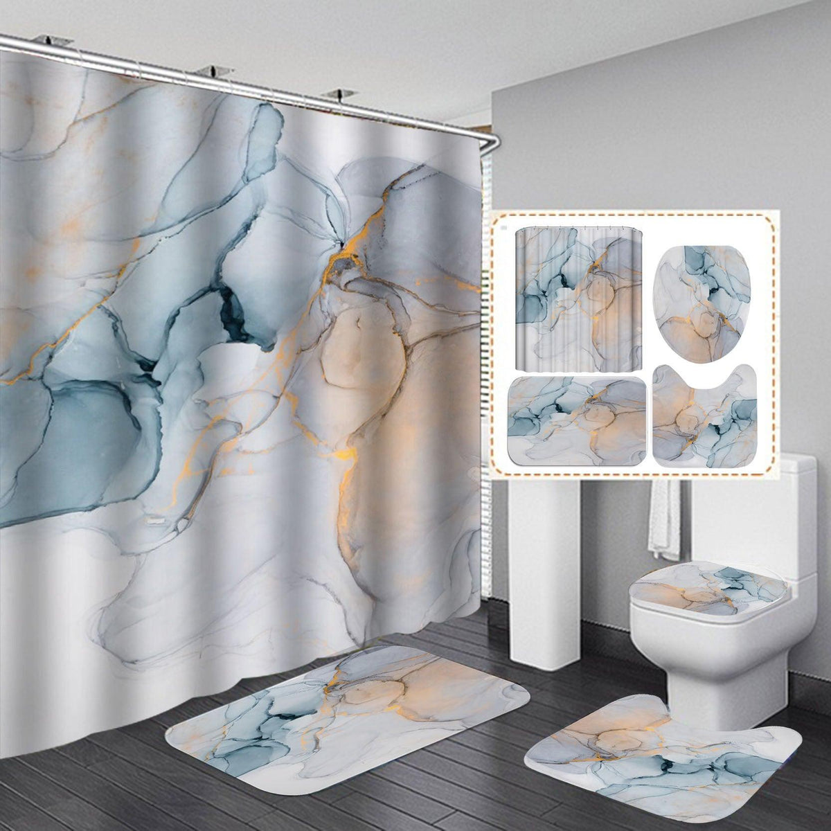 Beautiful Modern Shower Curtains 3D Bathroom Curtain Set Anti-slip Bath Mat Soft Carpet Water Absorption Rugs Home Decoration - Pacisia