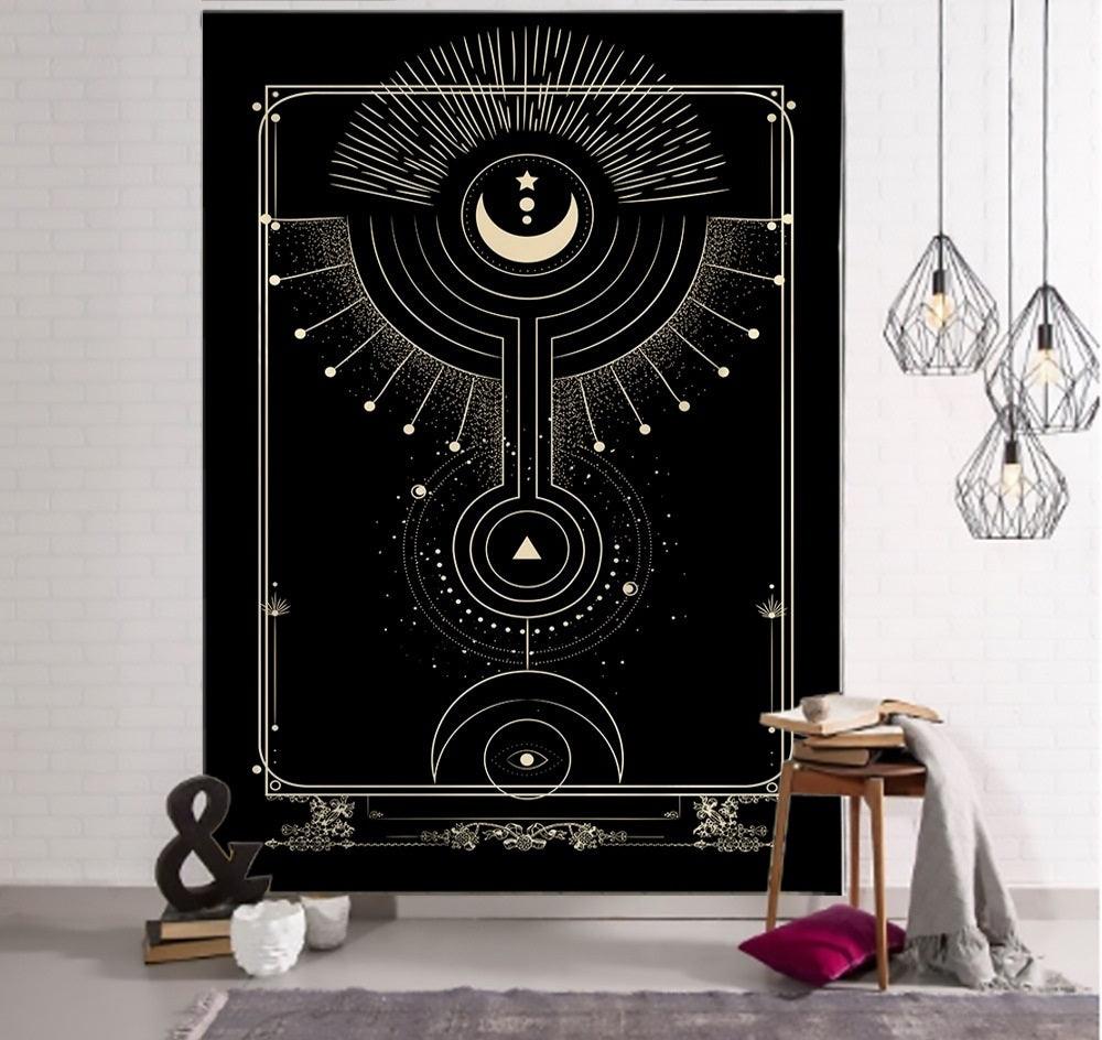 Witchcraft Tarot Tapestry Wall Hanging Black Khaki Sun Moon Star Universe Geometric Pattern Dorm Home - Pacisia