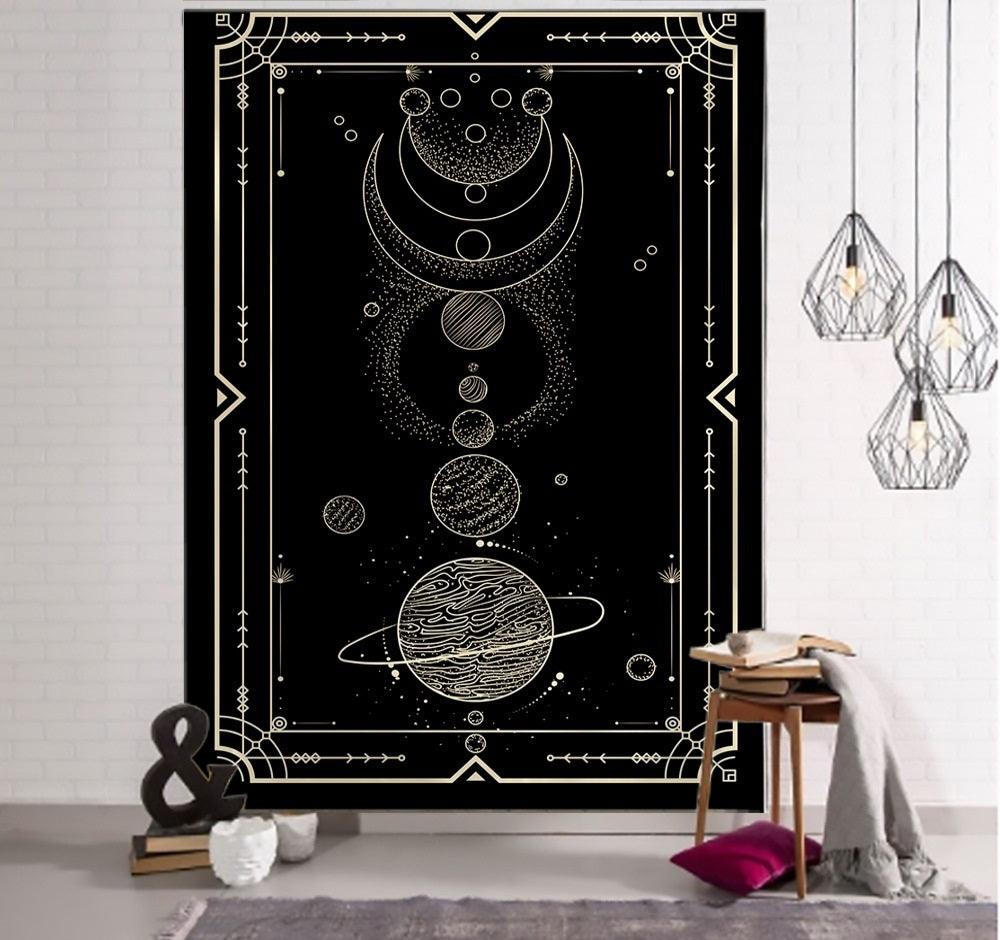 Witchcraft Tarot Tapestry Wall Hanging Black Khaki Sun Moon Star Universe Geometric Pattern Dorm Home - Pacisia