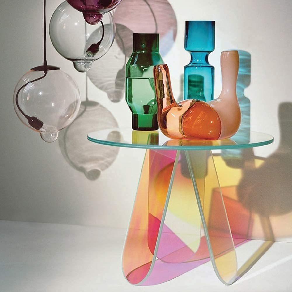 Acrylic Rainbow Color Coffee Table, Iridescent Glass End Table Round Side Table Modern Accent TV Table for Living Bed Room Decoration,small,Amazon Banned - Pacisia