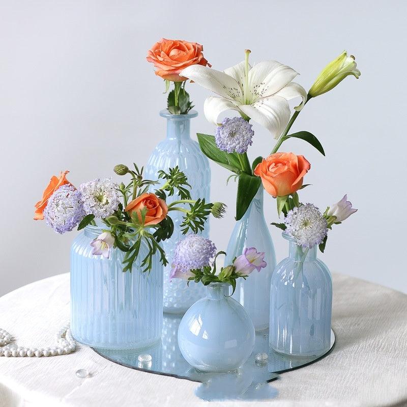 White Blue Glass Small Vase Living Room Flower Arrangement Decoration High Sense Niche Morandi Restaurant Decoration - Pacisia