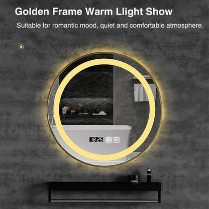 Round Smart LED Bathroom Mirror With Golden/Black Frame 3 Color LIght With Bluetooth Speaker Time&Temperature Display Defogging - Pacisia