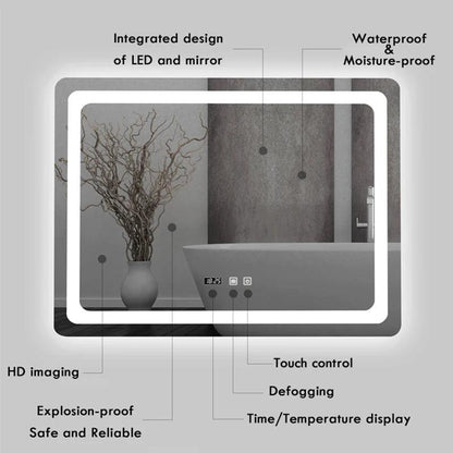 50X70cm Rectangular Smart Demist Bathroom Mirror 3 Color Adjustable LED Multifunction LIght With Brightness Sensory Switch - Pacisia