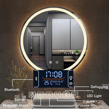 Round Smart LED Bathroom Mirror With Golden/Black Frame 3 Color LIght With Bluetooth Speaker Time&Temperature Display Defogging - Pacisia