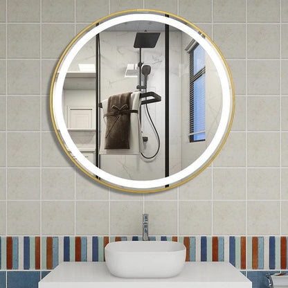 Round Smart LED Bathroom Mirror With Golden/Black Frame 3 Color LIght With Bluetooth Speaker Time&Temperature Display Defogging - Pacisia