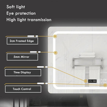50X70cm Rectangular Smart Demist Bathroom Mirror 3 Color Adjustable LED Multifunction LIght With Brightness Sensory Switch - Pacisia