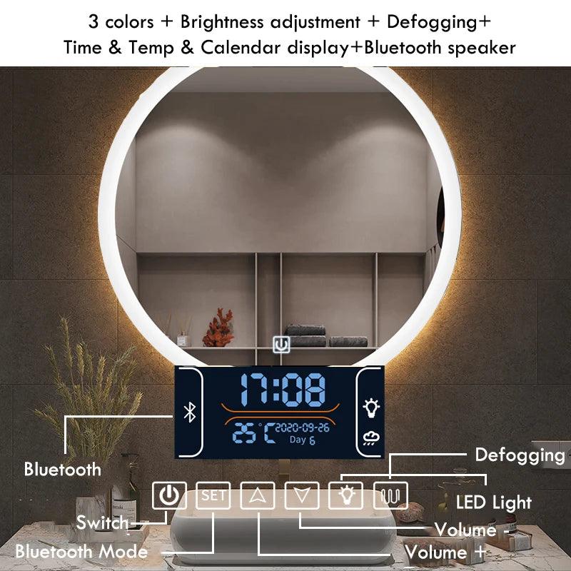 40/50/60CM Round Smart Makeup Bathroom Mirror Adjustable 3 Color Bright LED LIght MultiFunction With Defogging Bluetooth Speaker - Pacisia