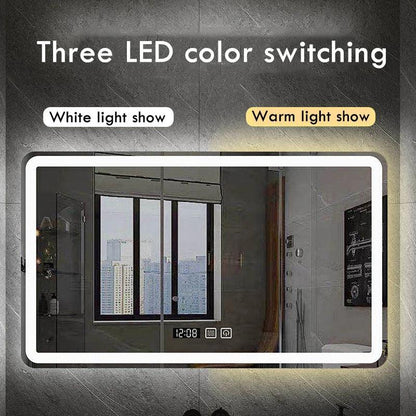 50X70cm Rectangular Smart Demist Bathroom Mirror 3 Color Adjustable LED Multifunction LIght With Brightness Sensory Switch - Pacisia