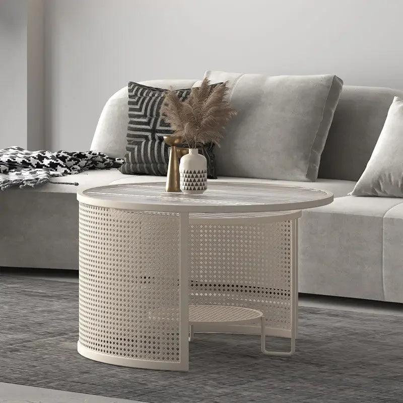 Nordic Glass Round Coffee Table Living Room Home Small Apartment Cream Style Modern Minimalist Rattan Coffee Table Combination - Pacisia