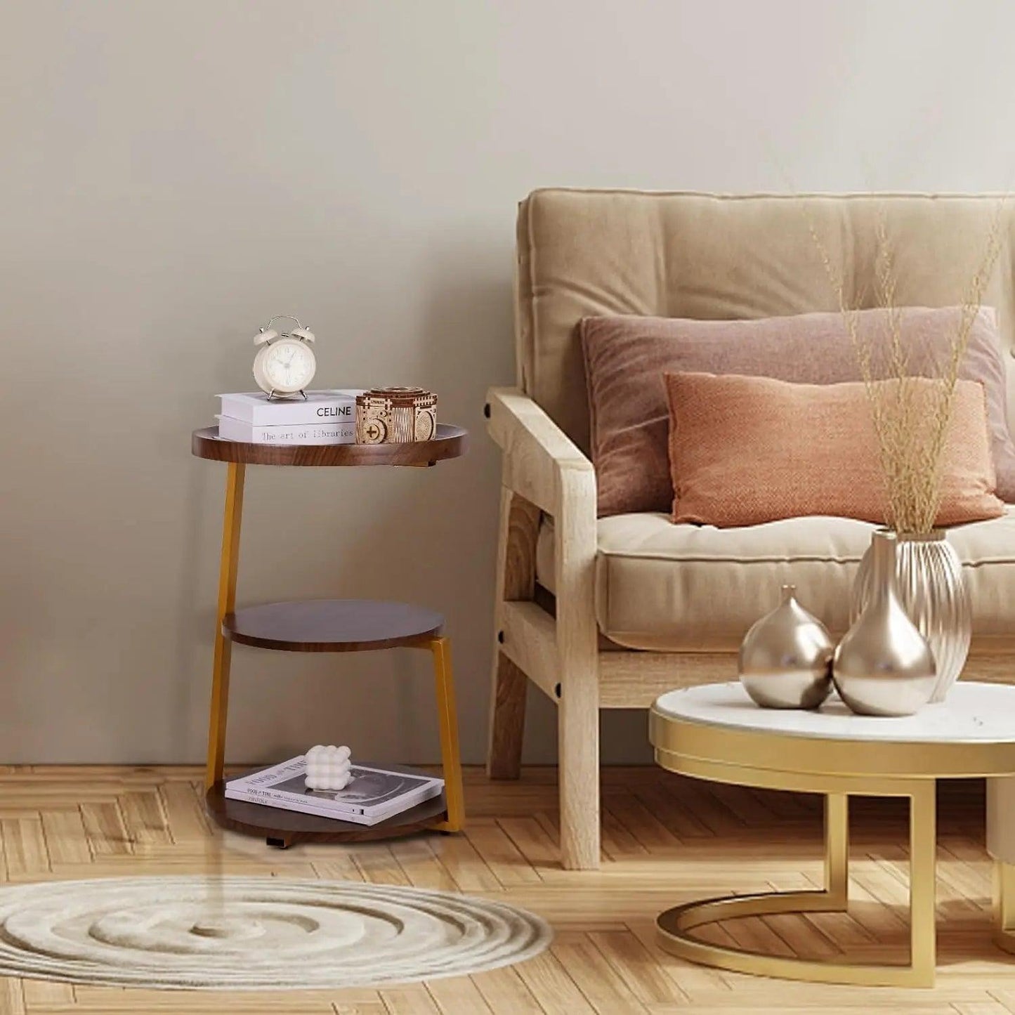 Nordic Three-layer Solid Wood Coffee Table Living Room Light Luxury Sofa Small Side Table Round Desktop Storage Removable Metal - Pacisia