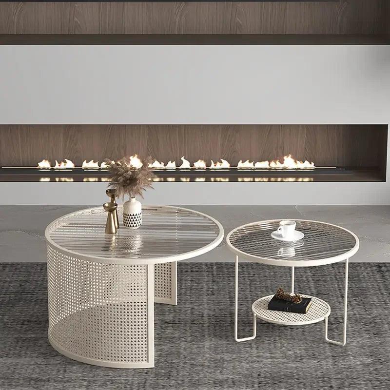 Nordic Glass Round Coffee Table Living Room Home Small Apartment Cream Style Modern Minimalist Rattan Coffee Table Combination - Pacisia