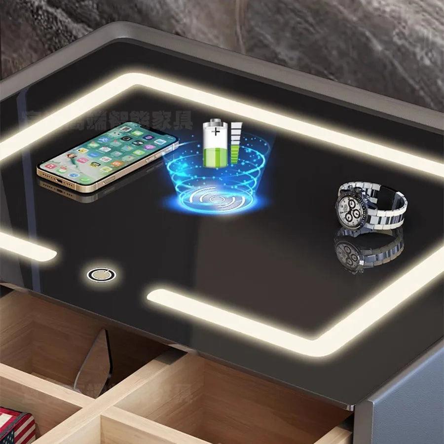 Luxury Black Gray Nightstands Bedroom Smart Saving Nightstands Charging Drawers Lights Orgenizer Nordic Lock Meble Bedside Table - Pacisia