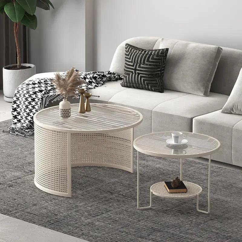 Nordic Glass Round Coffee Table Living Room Home Small Apartment Cream Style Modern Minimalist Rattan Coffee Table Combination - Pacisia