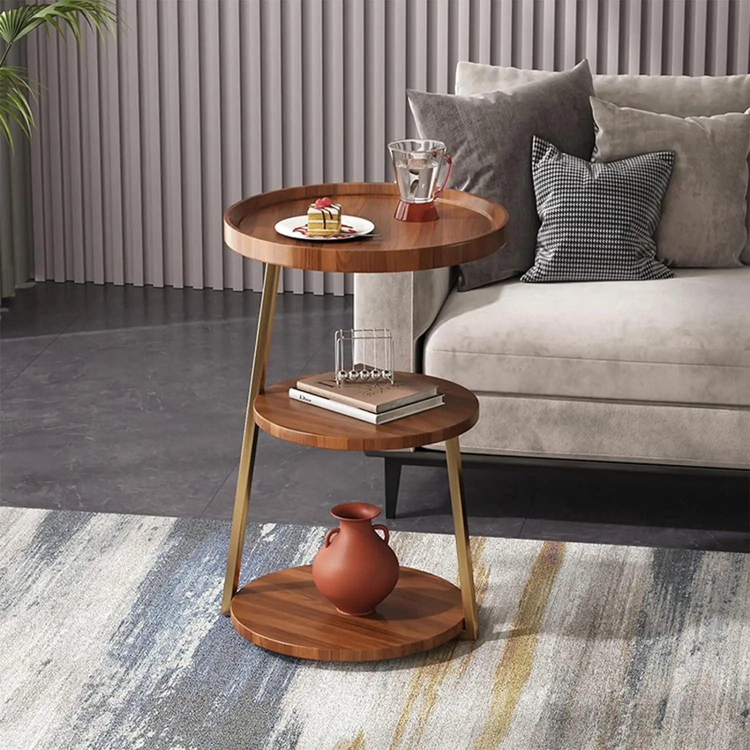 Nordic Three-layer Solid Wood Coffee Table Living Room Light Luxury Sofa Small Side Table Round Desktop Storage Removable Metal - Pacisia