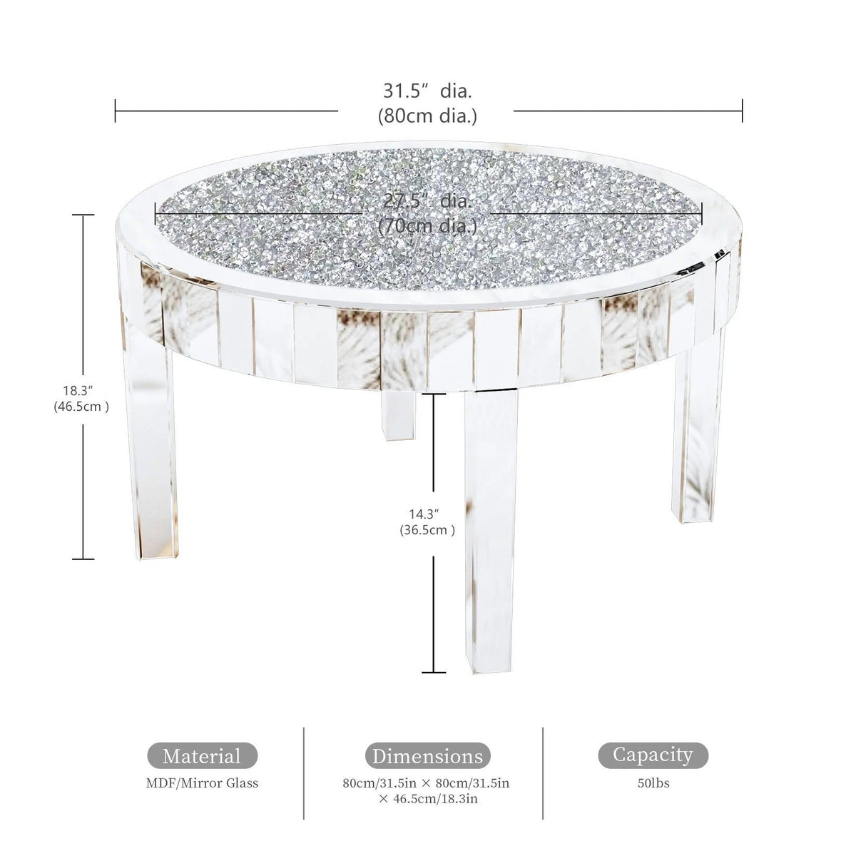 Mirrored Coffee Table with Crystal Inlay, 31.5'' Modern Round Coffee Table with Mirror Surface, Silver Accent Table Living Room - Pacisia