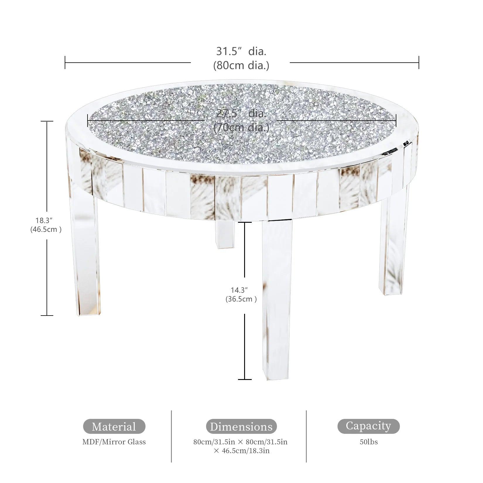 Mirrored Coffee Table with Crystal Inlay, 31.5'' Modern Round Coffee Table with Mirror Surface, Silver Accent Table Living Room - Pacisia