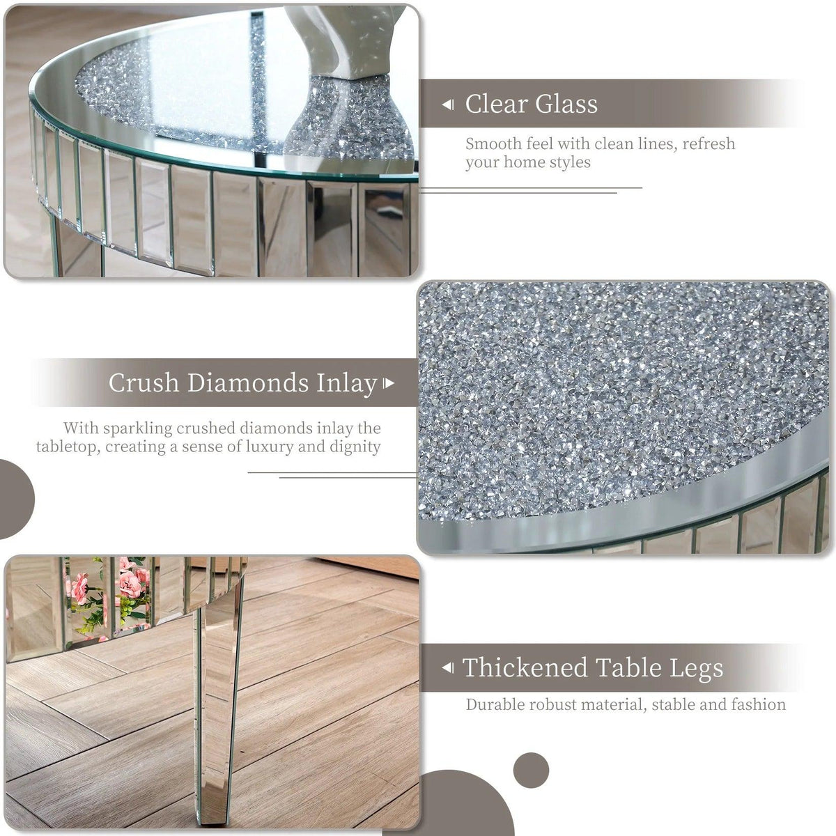Mirrored Coffee Table with Crystal Inlay, 31.5'' Modern Round Coffee Table with Mirror Surface, Silver Accent Table Living Room - Pacisia