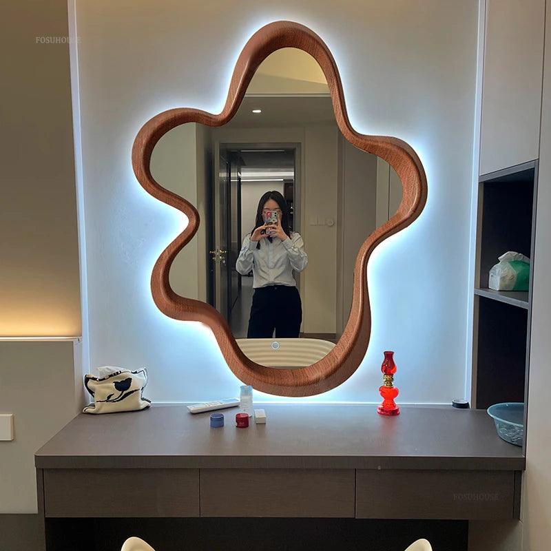 French Retro Mirrors for Restaurants Special-shaped Solid Wood Frame Decoration Bath Mirrors Personalized Mirrors for Entrance - Pacisia