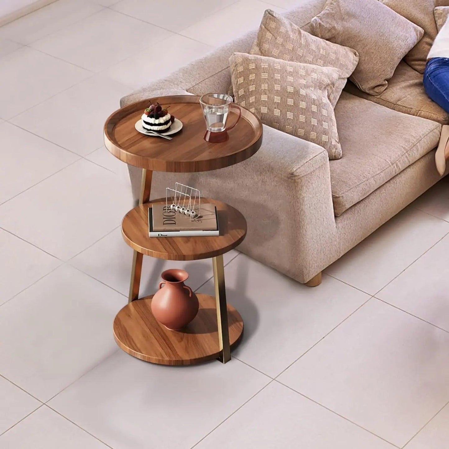 Nordic Three-layer Solid Wood Coffee Table Living Room Light Luxury Sofa Small Side Table Round Desktop Storage Removable Metal - Pacisia
