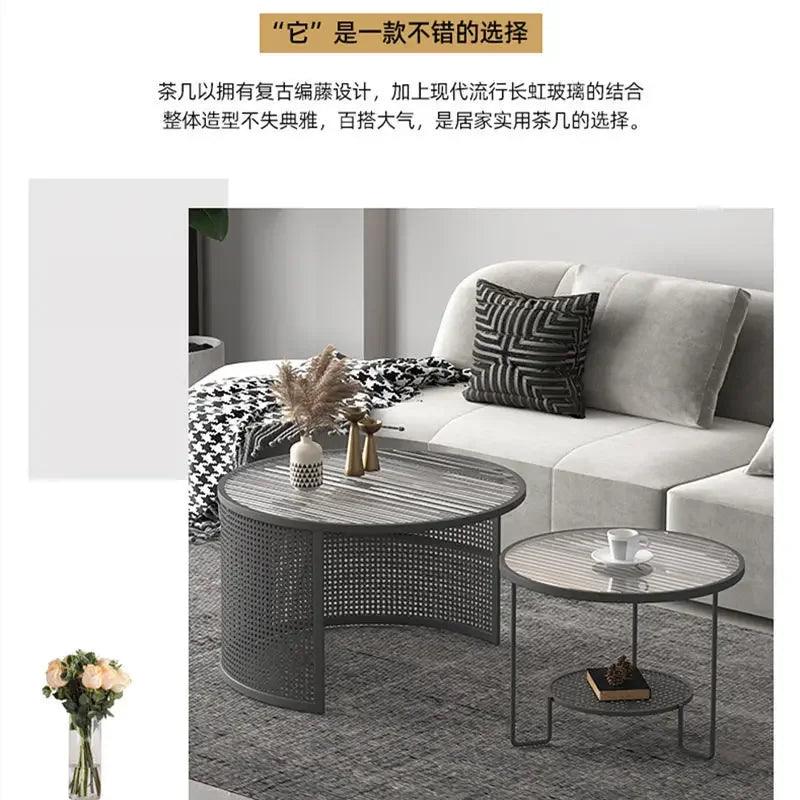 Nordic Glass Round Coffee Table Living Room Home Small Apartment Cream Style Modern Minimalist Rattan Coffee Table Combination - Pacisia