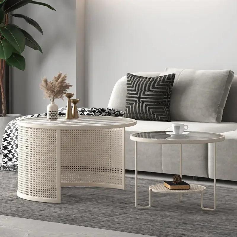 Nordic Glass Round Coffee Table Living Room Home Small Apartment Cream Style Modern Minimalist Rattan Coffee Table Combination - Pacisia