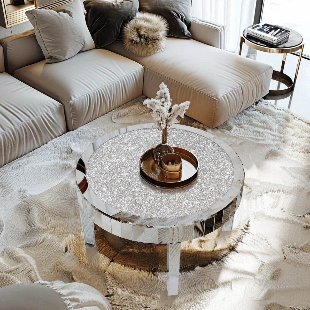 Mirrored Coffee Table with Crystal Inlay, 31.5'' Modern Round Coffee Table with Mirror Surface, Silver Accent Table Living Room - Pacisia