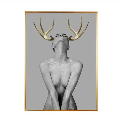 Abstract Girl with Antlers Canvas Painting - Modern Minimalist Wall Art Decor - Pacisia