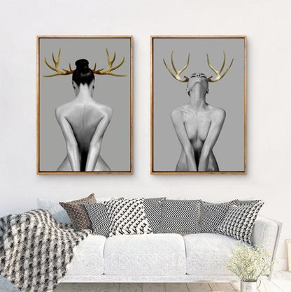 Abstract Girl with Antlers Canvas Painting - Modern Minimalist Wall Art Decor - Pacisia