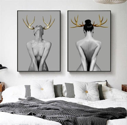 Abstract Girl with Antlers Canvas Painting - Modern Minimalist Wall Art Decor - Pacisia