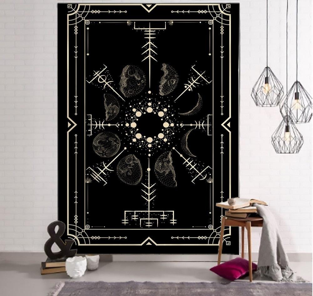 Witchcraft Tarot Tapestry Wall Hanging Black Khaki Sun Moon Star Universe Geometric Pattern Dorm Home - Pacisia