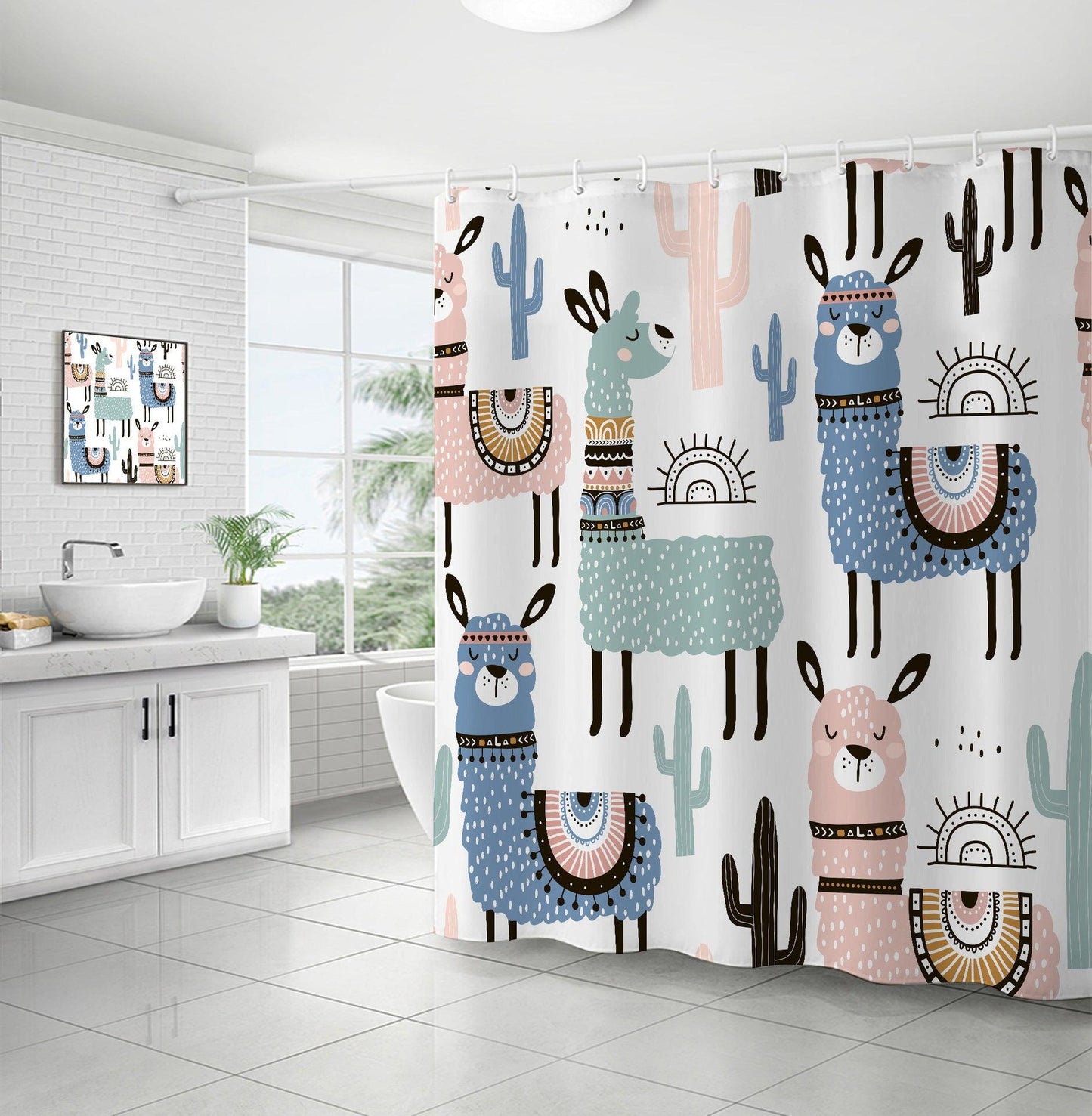 Alpaca and Cactus Digital Printing Shower Curtain - Pacisia