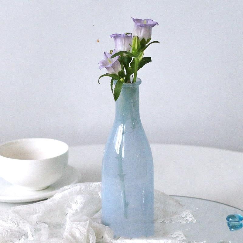 White Blue Glass Small Vase Living Room Flower Arrangement Decoration High Sense Niche Morandi Restaurant Decoration - Pacisia