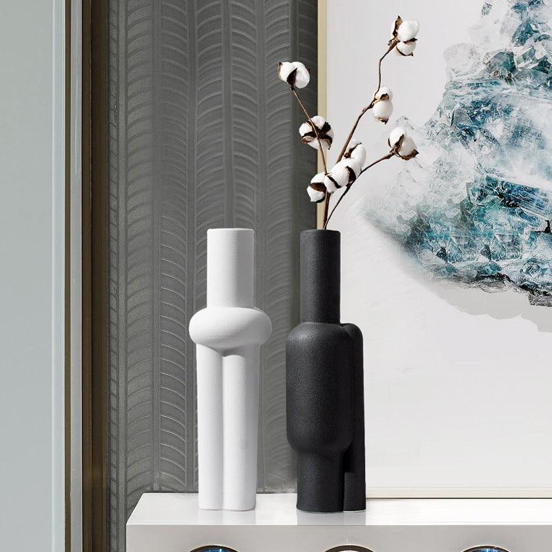 Black And White Matte Special-shaped Ceramic Vase Creative Frosted Soft Decoration - Pacisia