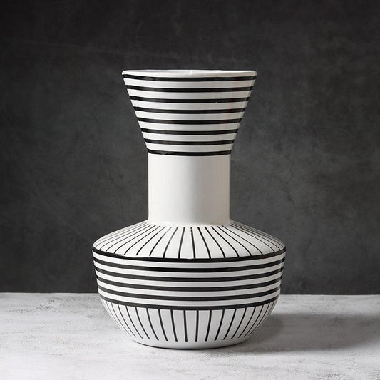 Black And White Striped Geometric Ceramic Vase Flower Ornaments - Pacisia