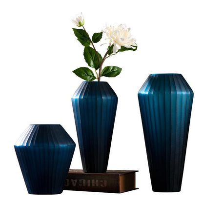 Blue Carved Glass Vase Three Piece Vertical Flower Ornaments - Pacisia
