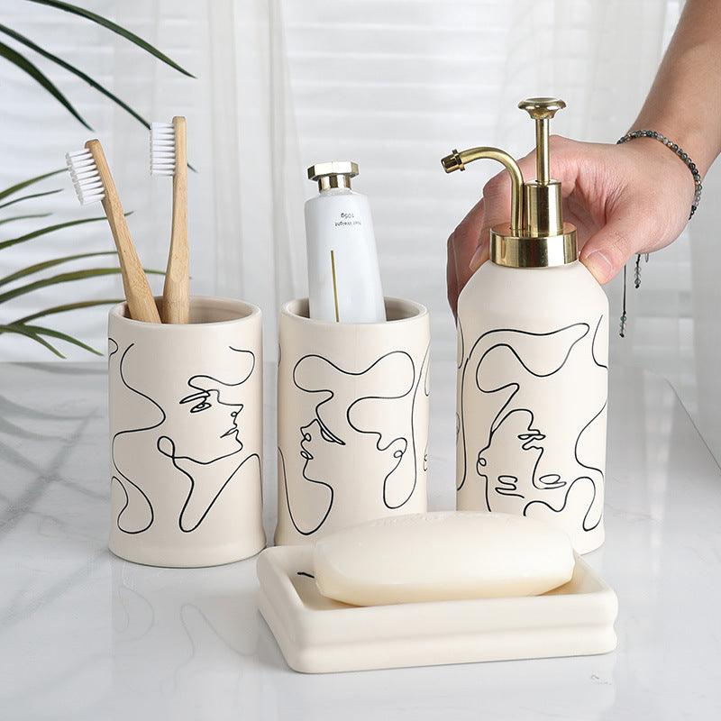 Ceramic Mouthwash Cup Toothbrush Abstract Creamy-white Bathroom Hotel 4-piece Set - Pacisia