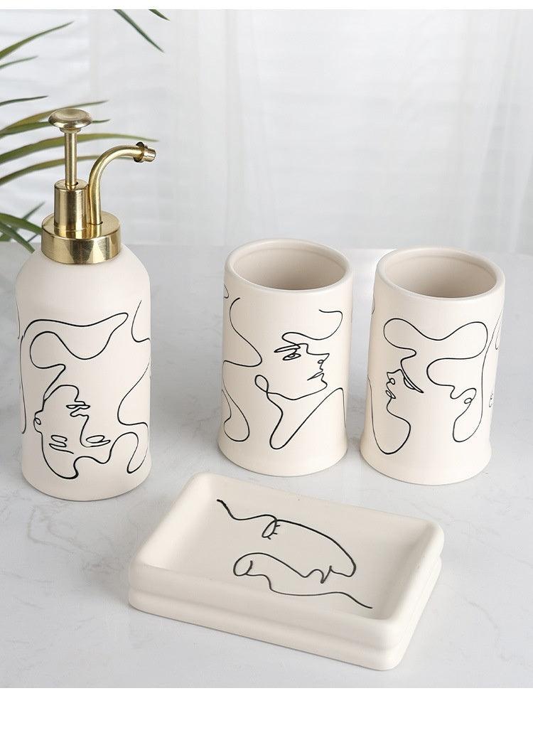 Ceramic Mouthwash Cup Toothbrush Abstract Creamy-white Bathroom Hotel 4-piece Set - Pacisia
