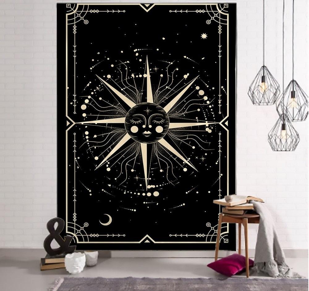 Witchcraft Tarot Tapestry Wall Hanging Black Khaki Sun Moon Star Universe Geometric Pattern Dorm Home - Pacisia