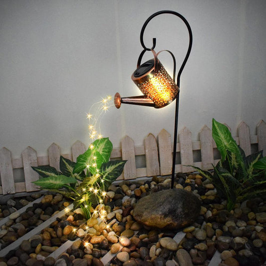 Enchanted Watering Can Outdoor Solar Watering Can Ornament Lamp Garden Art Light Decoration Hollow-out Iron Shower LED Lights - Pacisia