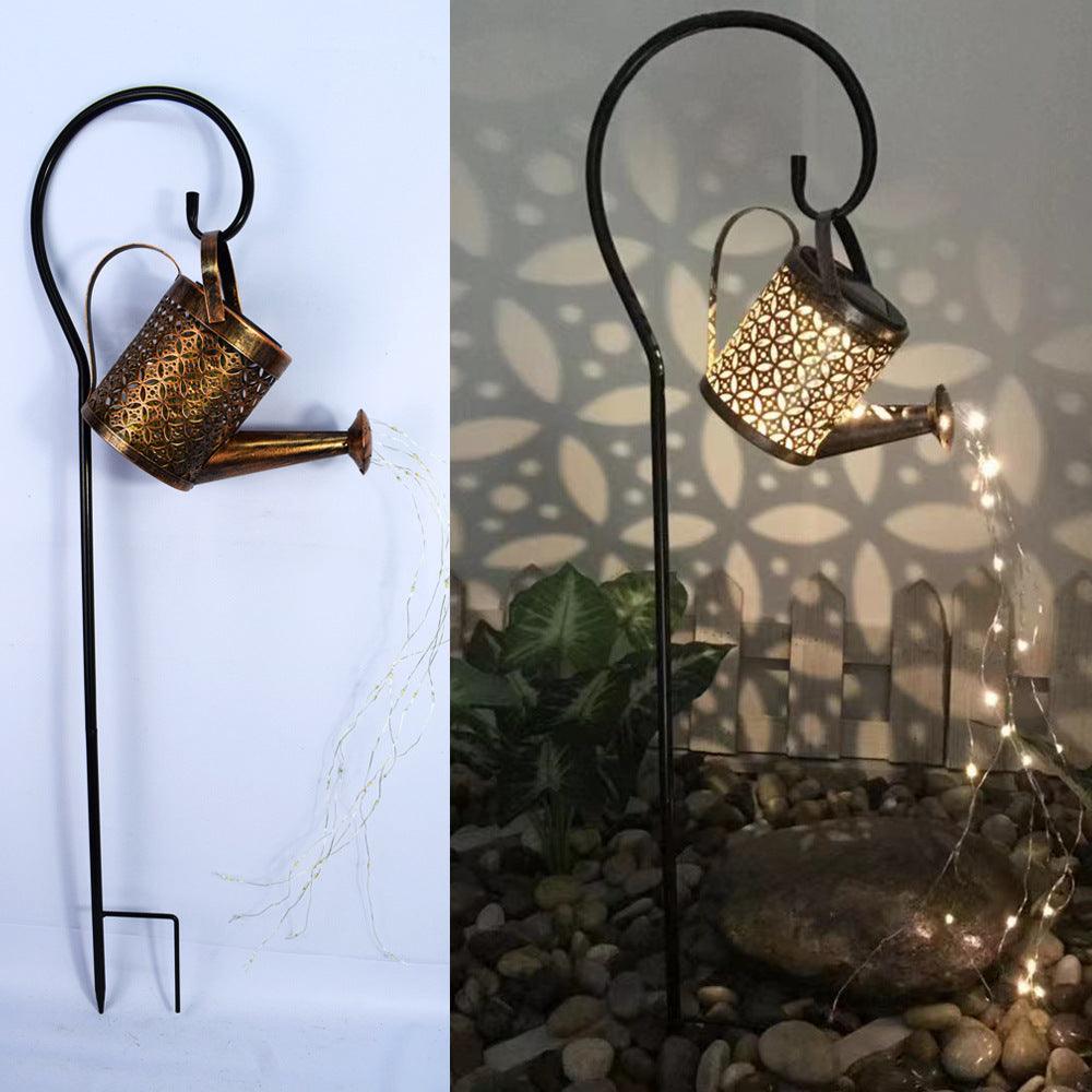 Enchanted Watering Can Outdoor Solar Watering Can Ornament Lamp Garden Art Light Decoration Hollow-out Iron Shower LED Lights - Pacisia